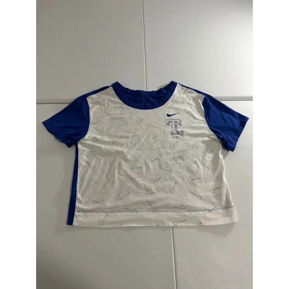 Nike Texas Rangers MLB Swoosh Print Crop T-Shirt Women’s White Blue Small